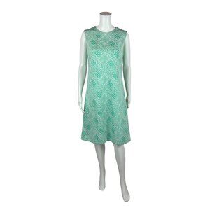 Vintage 60s Shift Dress Women's Medium Mint Green Fair Isle Heart Print Knit